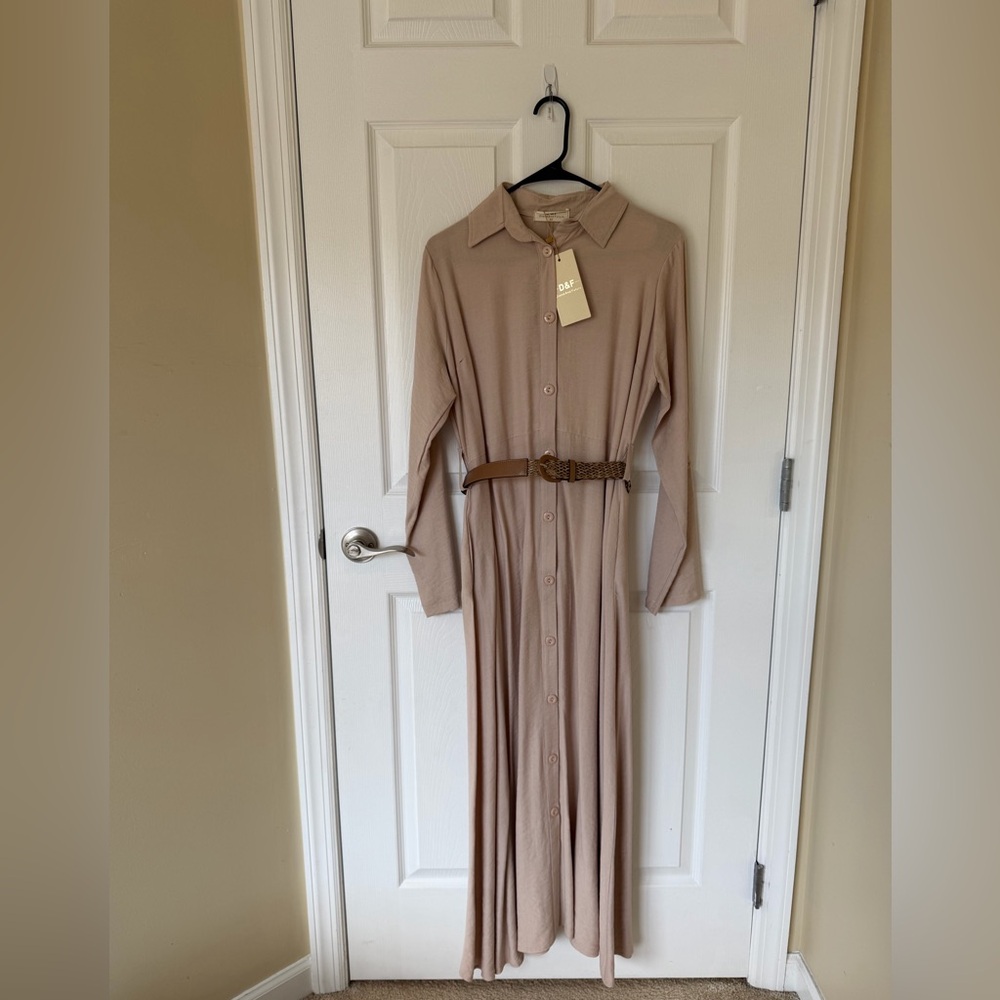 Elegant Tan Belted Shirt Dress size M